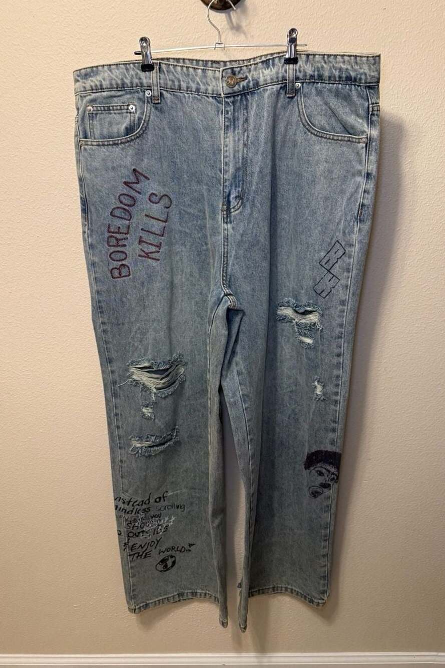 Boredom Kills Scribble Wide, Baggy Denim. Y2K, Streetwear, Grunge punk, Skater.